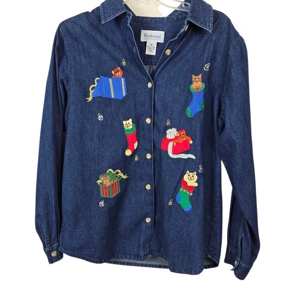 Westbound Denim Christmas Cat Lady Kittens Embroidered Shirt Button Up 90s M - Picture 1 of 13